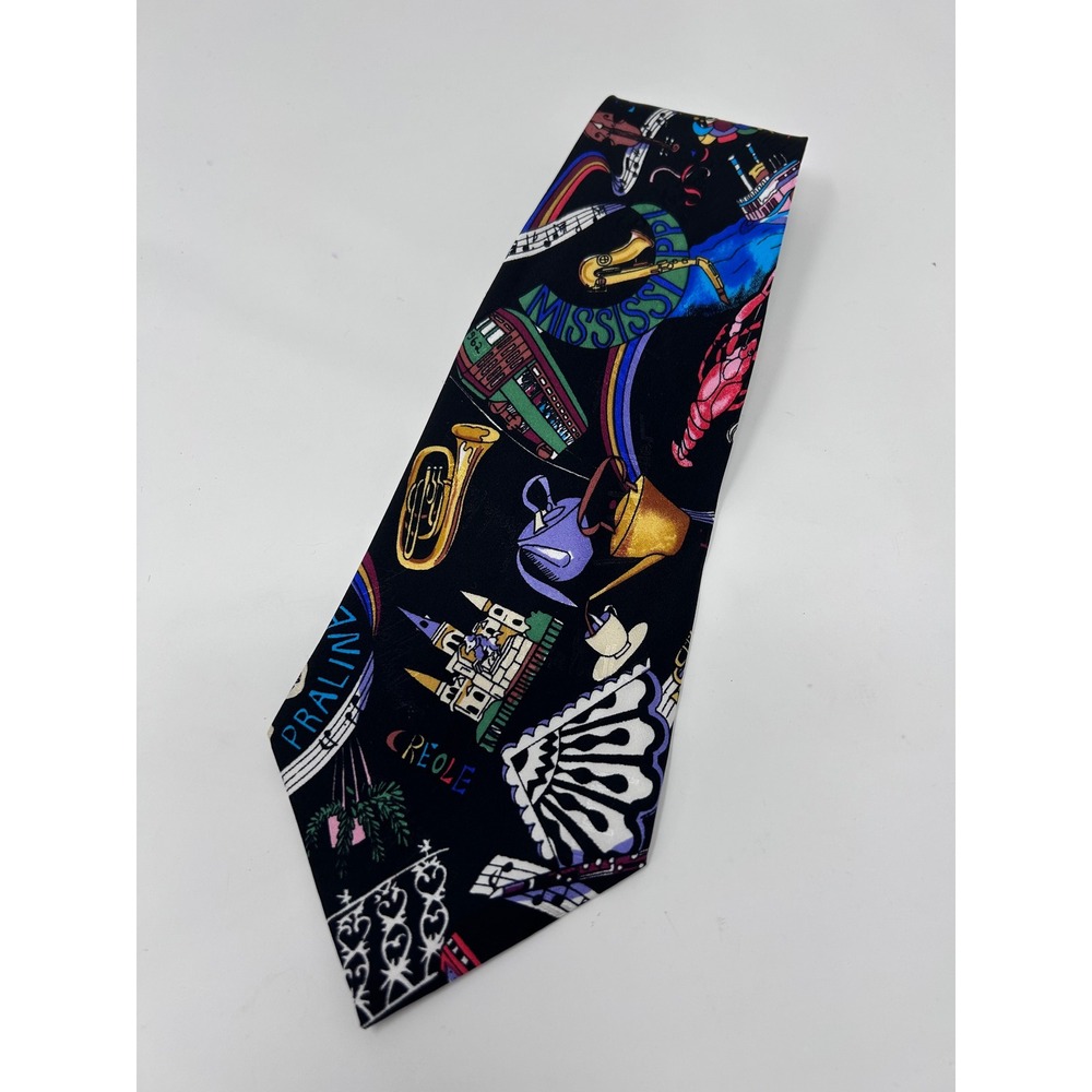 Nicole Miller 1995 New Orleans Jazz Mardi Gras Silk Tie Black Novelty NOLA